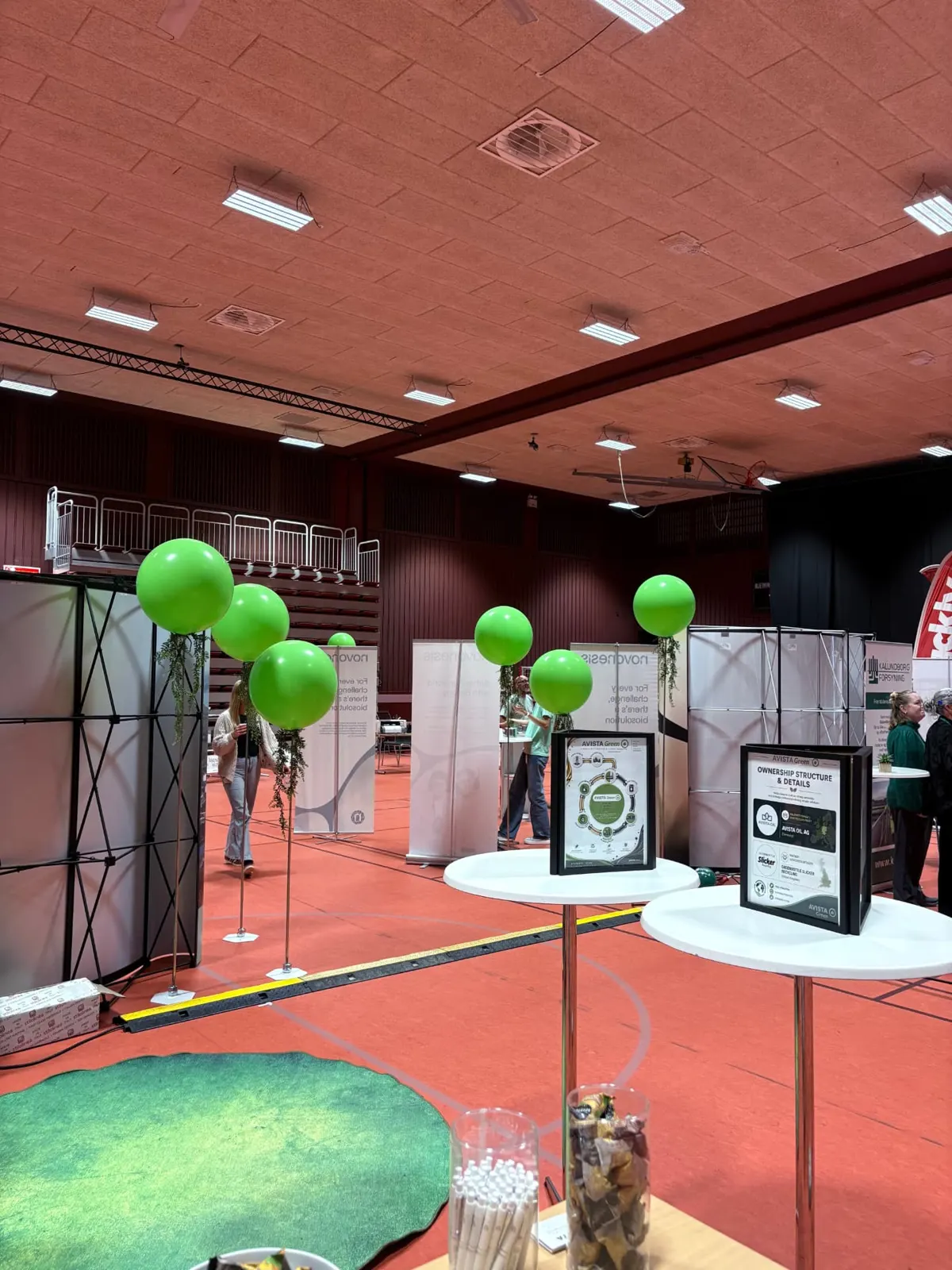 Store grønne balloner på stativ ved standene under jobmessen